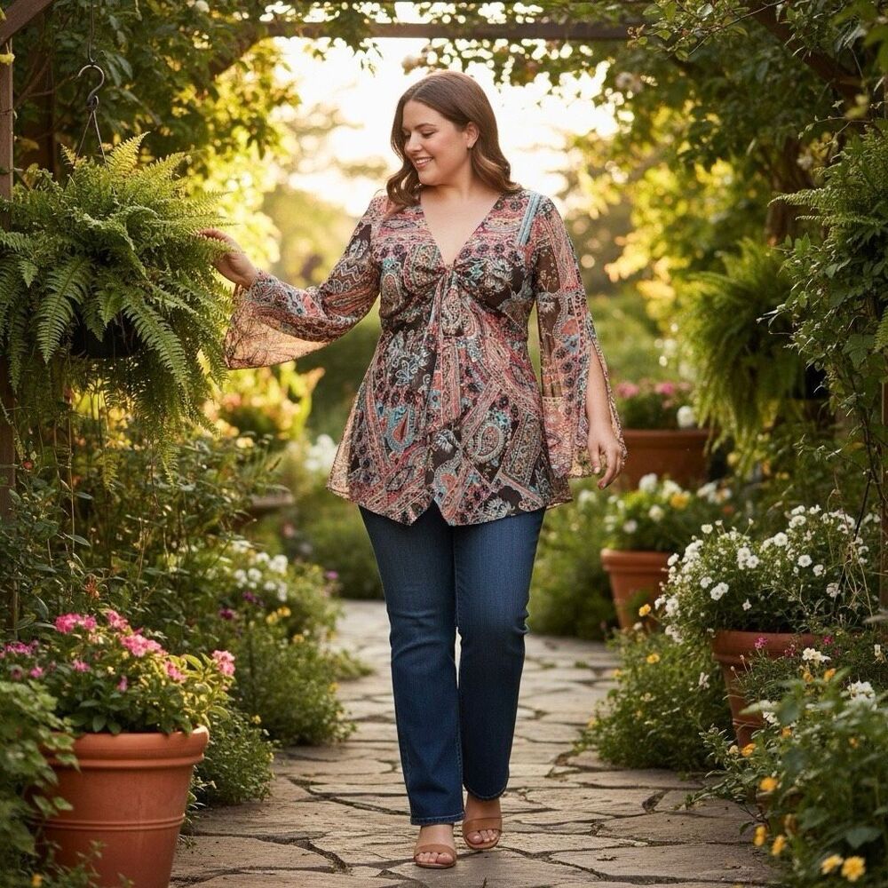 Lane Bryant Semi Sheer Boho Scarf Top Tunic Sz 18/20 2X - Picture 2 of 14